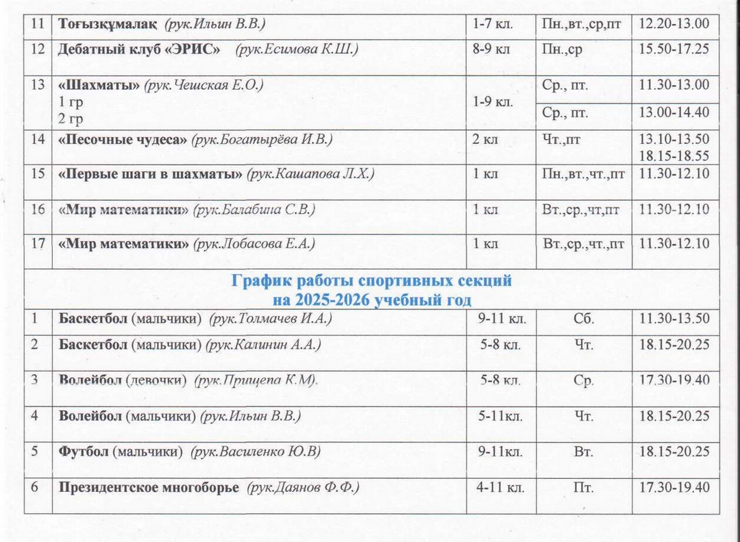 График работы кружков и секций на 2025-2026 учебный год